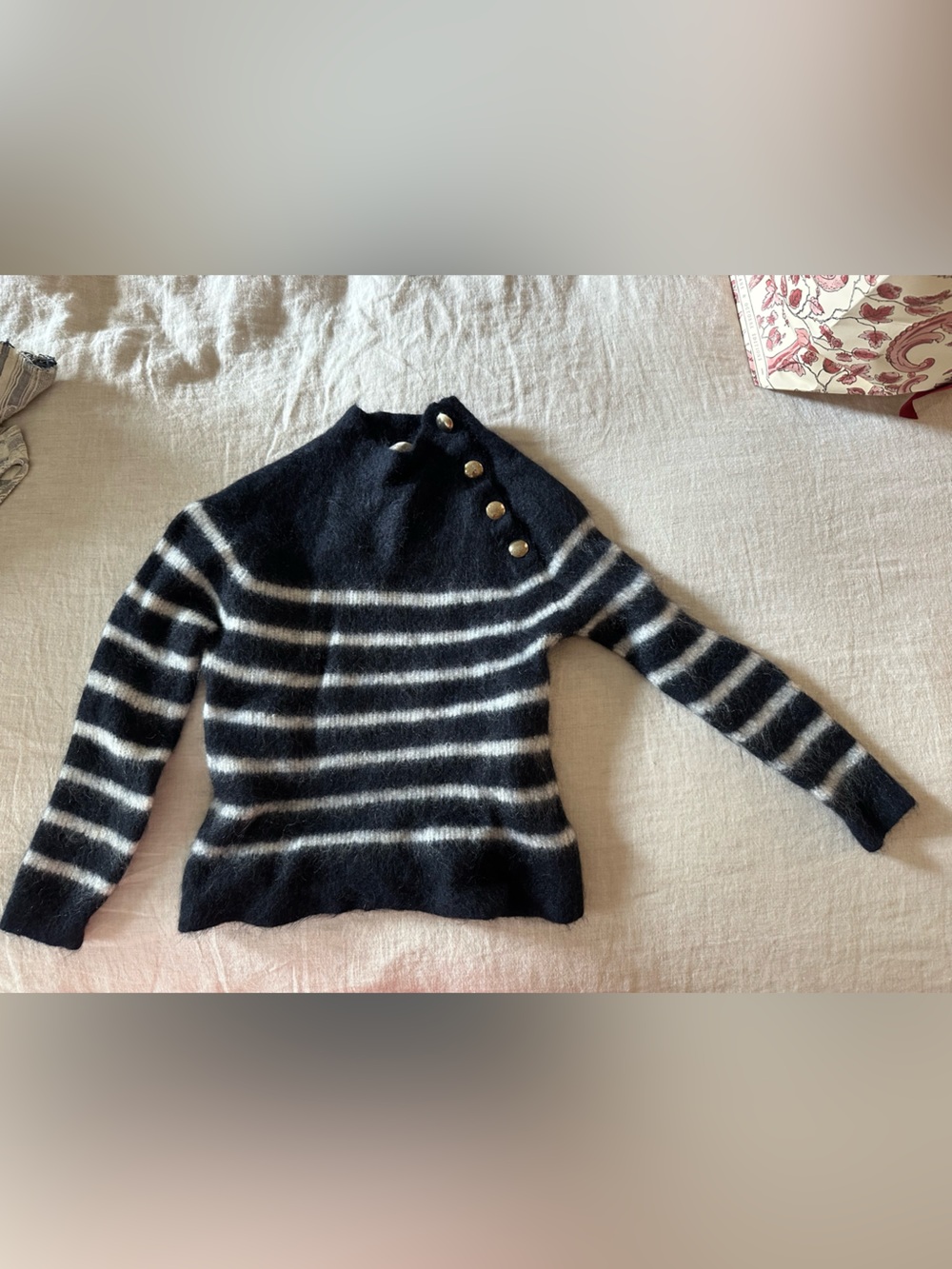 Sezane Black and White Striped Button-Neck Turtleneck Sweater